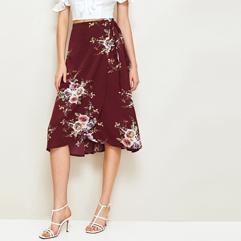 

Large Floral Print Wrap Self Tie Skirt, Burgundy