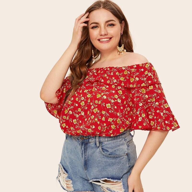 

Plus Off Shoulder Ditsy Floral Ruffle Trim Blouse, Red