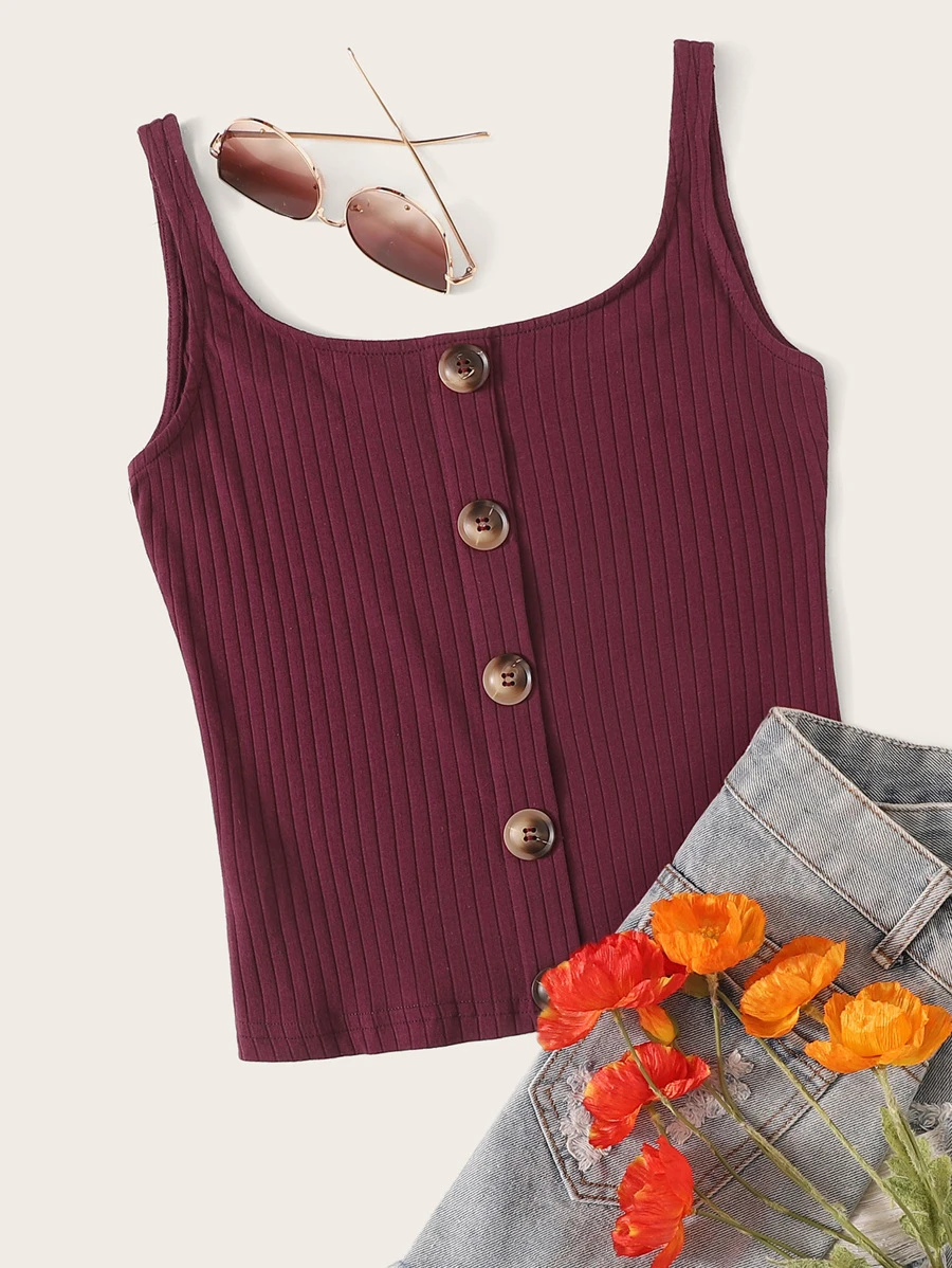 SHEIN EZwear Tank top tejido de canalé con botón delantero - Burdeos - Ver 1