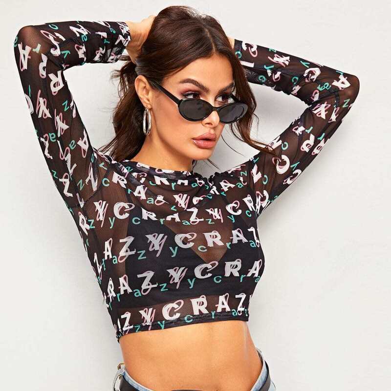 

Letter Print Sheer Mesh Tee, Multicolor