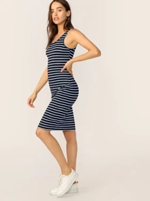 SHEIN LUNE Vestido tank lápiz de rayas - Azul Marino - Ver 3