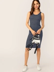 SHEIN LUNE Vestido tank lápiz de rayas - Azul Marino - Ver 1