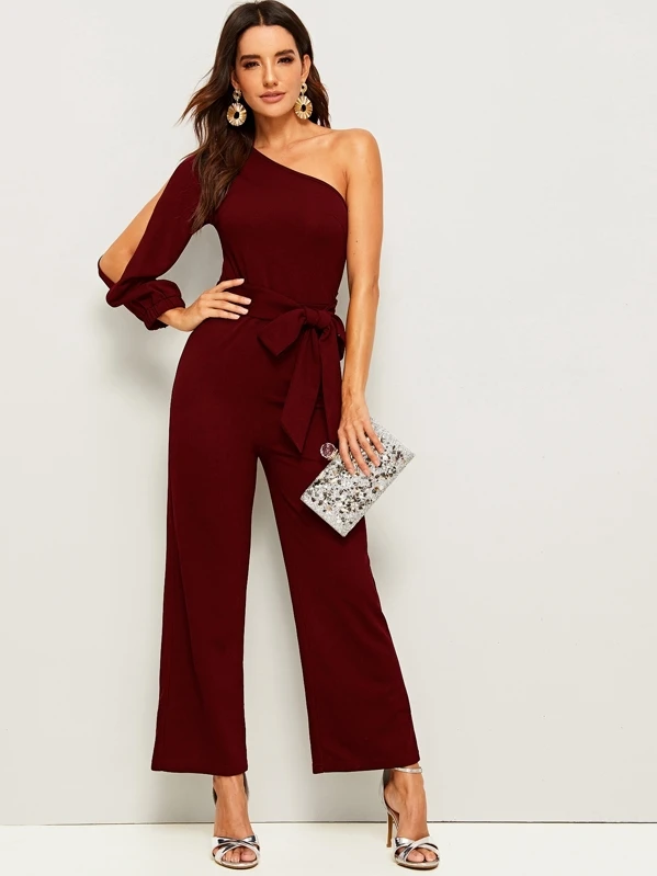 one shoulder split sleeve jumpsuit