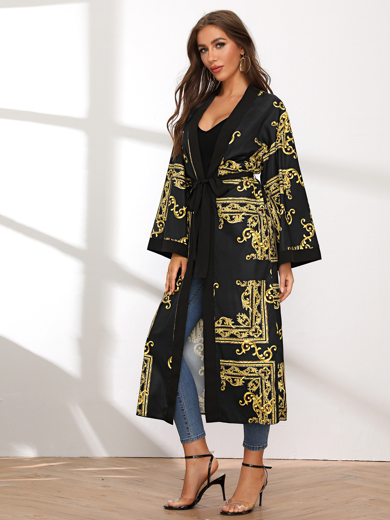 Scarf Print Longline Kimono With Belt SHEIN UK