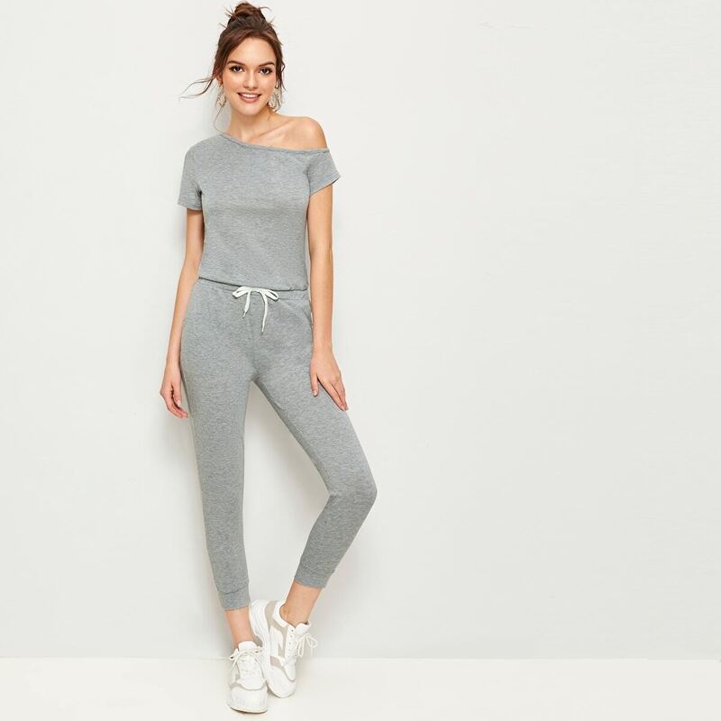 

Asymmetric Neck Drawstring Knot Slim Fit Jumpsuit, Grey