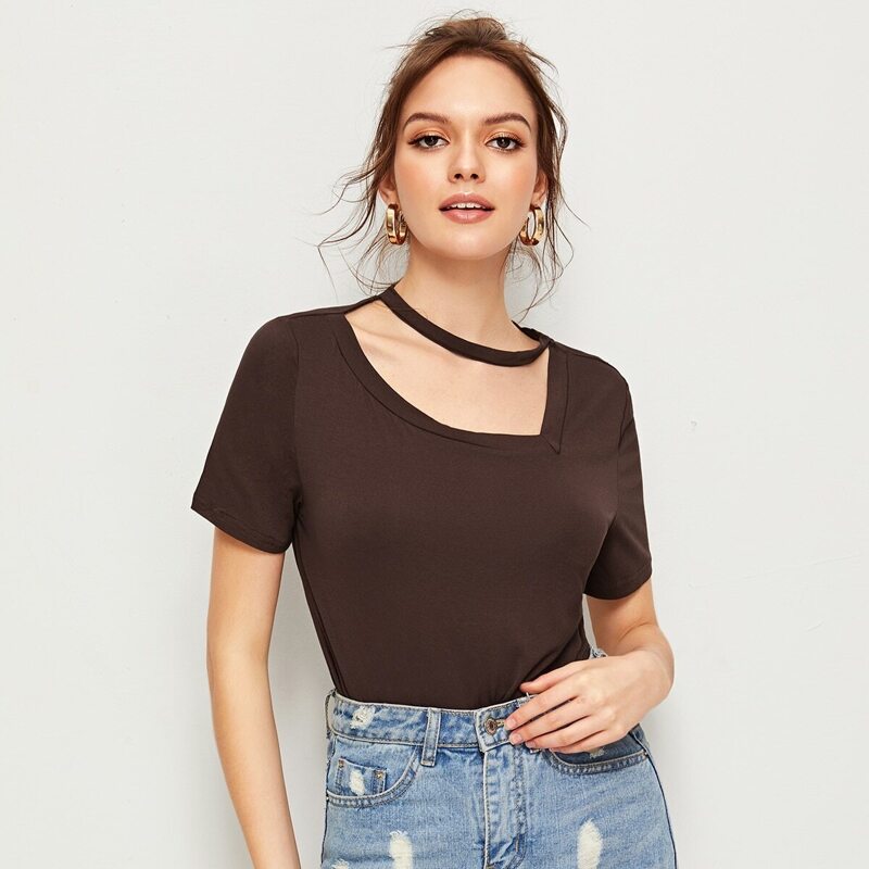

Asymmetric Choker Neck Solid Tee, Brown