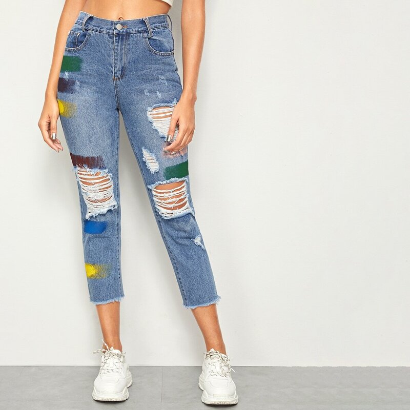 

Colorful Brush Print Ripped Raw Hem Jeans, Blue