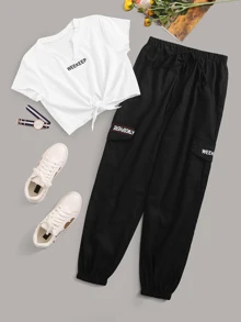 Letter Graphic Twist Front Tee & Pocket Side Drawstring Pants Set - Black and White - View 1