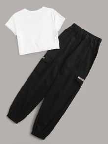Letter Graphic Twist Front Tee & Pocket Side Drawstring Pants Set - Black and White - View 2
