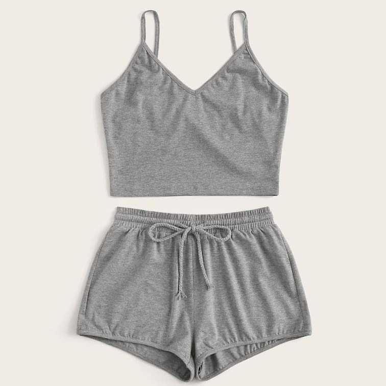 

Plus Solid V-neck Cami Top & Drawstring Shorts Set, Grey