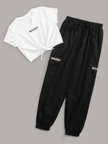 Letter Graphic Twist Front Tee & Pocket Side Drawstring Pants Set - Black and White - View 3