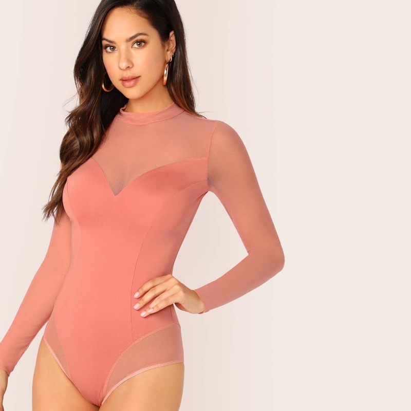 

Mesh Bodice Keyhole Back Bodysuit, Pink pastel