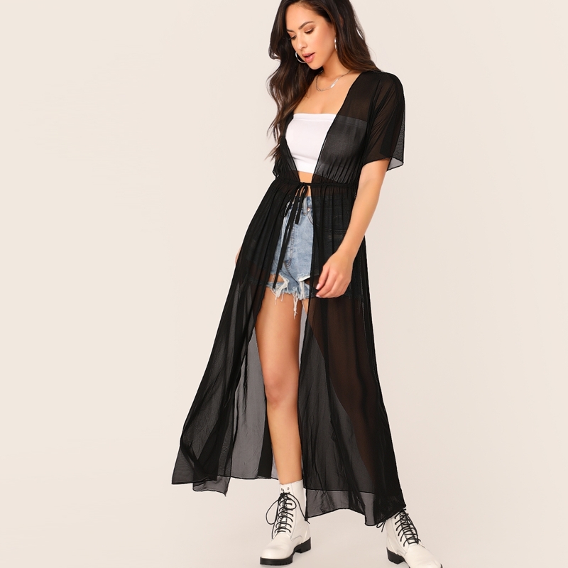 

Drawstring Waist Sheer Kimono, Black