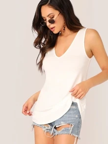 SHEIN LUNE 纯色弧形下擺背心式上衣 - 白色 - 查看 1