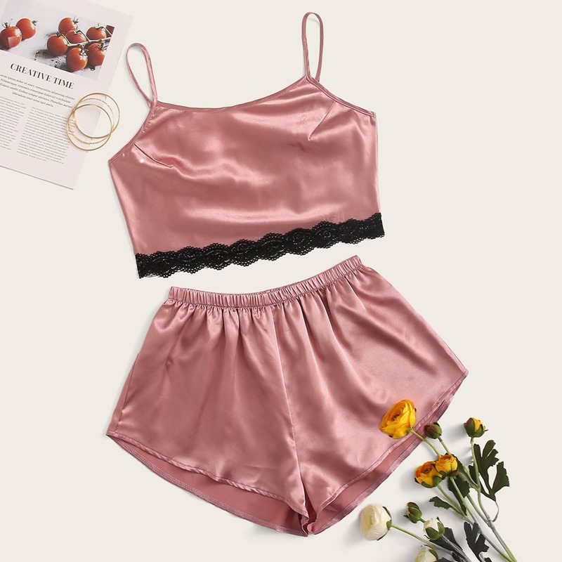 

Lace Trim Satin Cami PJ Set, Pink
