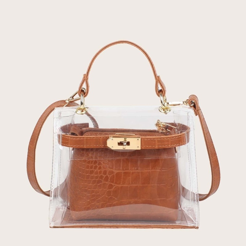 

Clear Bag With Croc Embossed Inner Pouch, Rust brown