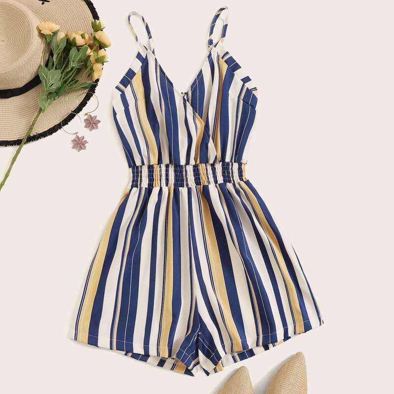 

Shirred Waist Stripe Cami Romper, Multicolor