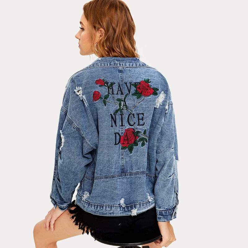 

Floral & Letter Embroidery Ripped Denim Jacket, Navy