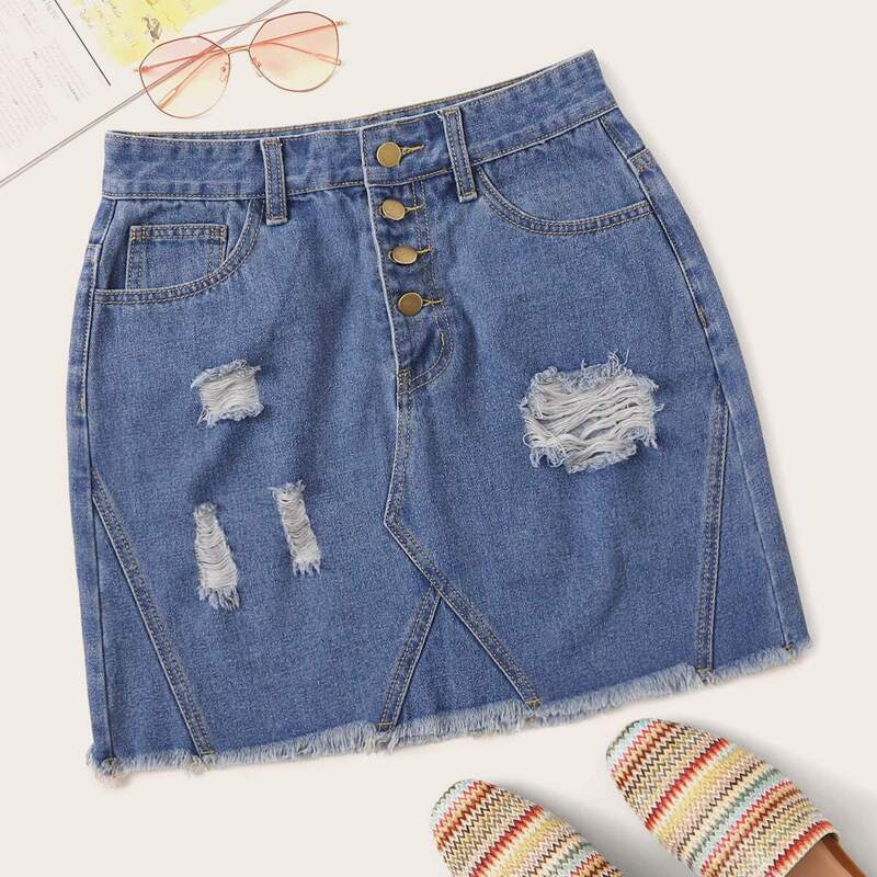 

Ripped Raw Hem Button Front Denim Skirt, Blue