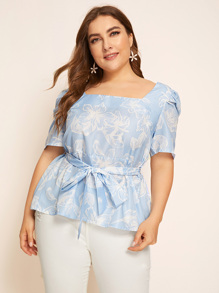 Floral Print Knot Front Puff Sleeve Blouse