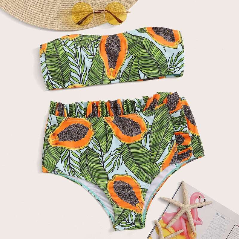 

Tropical Bandeau Top With Frill Trim Bikini Set, Multicolor