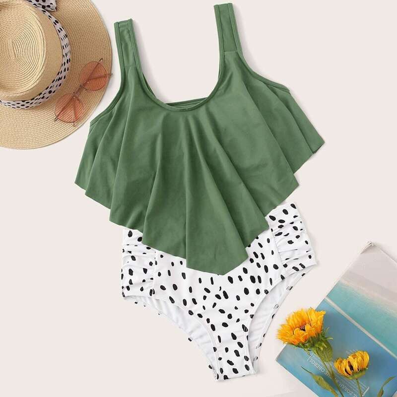 

Hanky Hem Top With Dot High Waist Bikini Set, Multicolor
