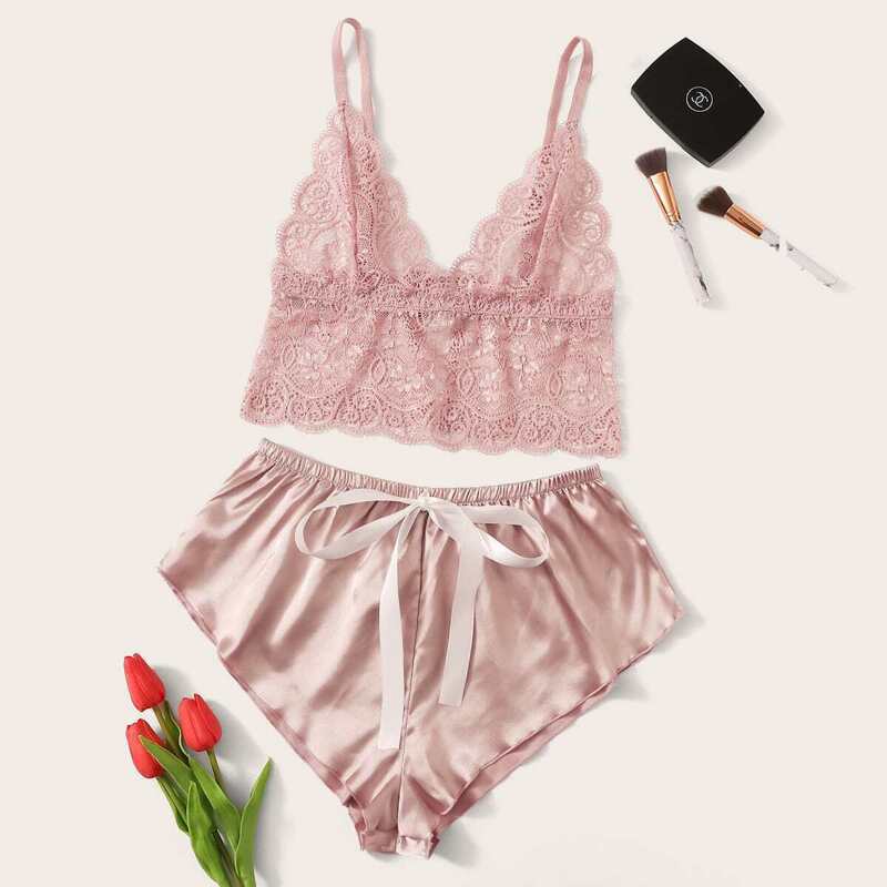 

Floral Lace Cami Top With Satin Shorts, Pink