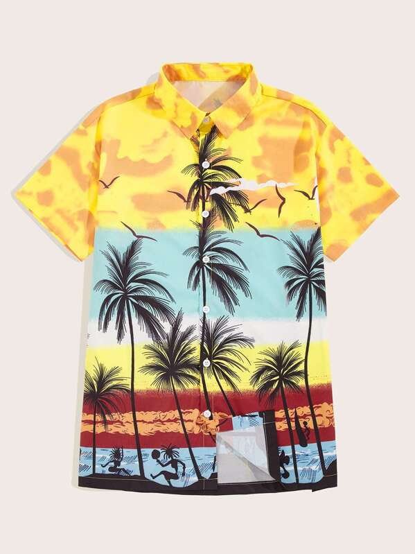 Camisa de hombres con estampado tropical de gaviota | Mode Camisa estampada de hombre, de manga corta, con gaviotas.