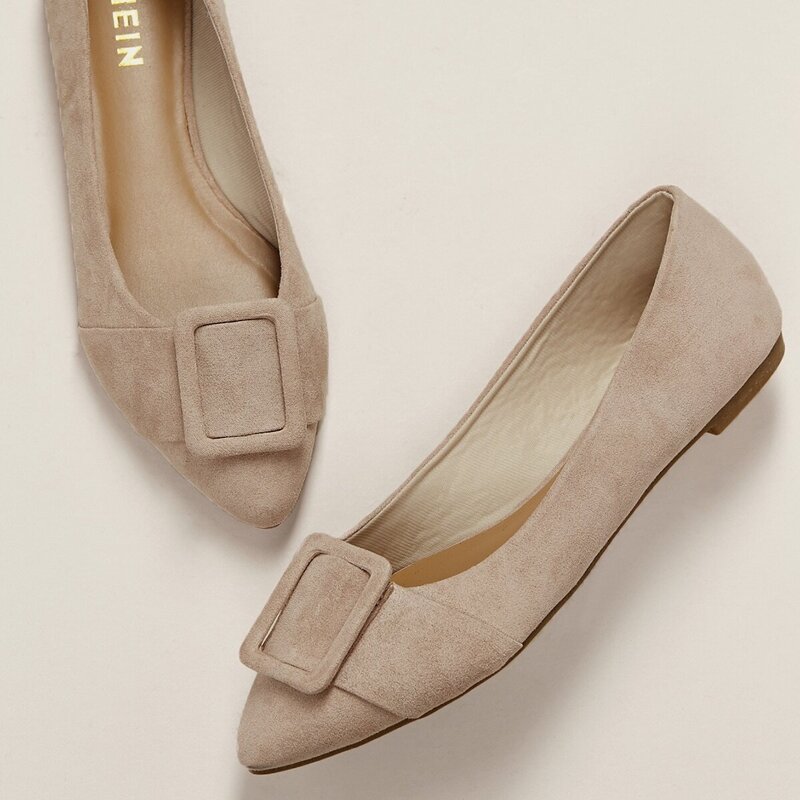 

Pointed Toe Buckle Detail Slip On Loafer Flats, Khaki