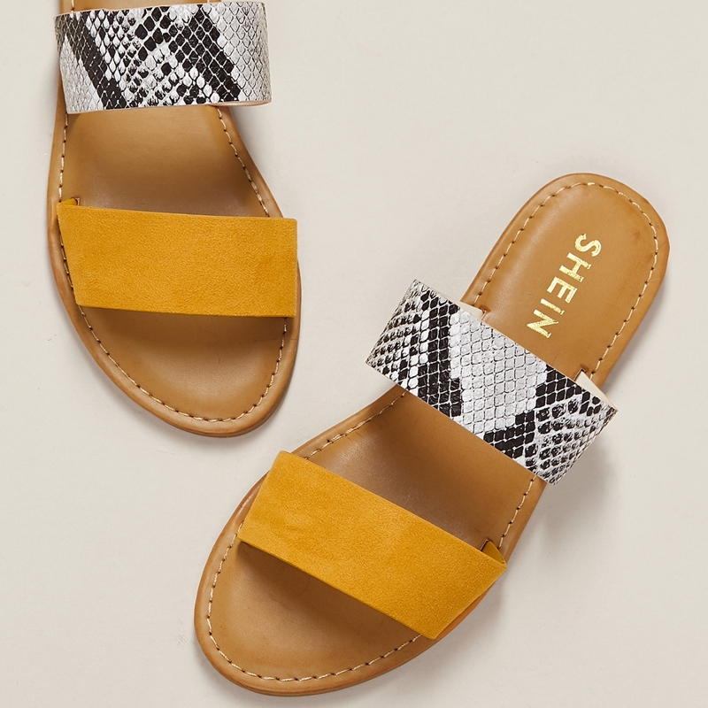 

Yellow Snake Two Band Open Toe Flat Sandals, Multicolor