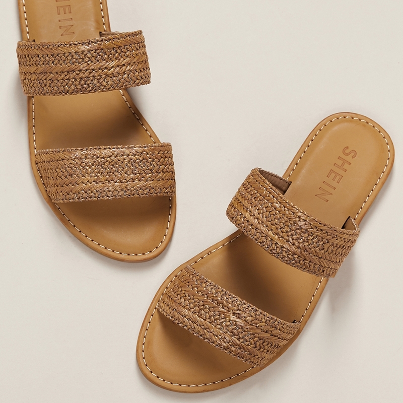 

Twin Woven Straw Bands Flat Slide Sandals, Brown