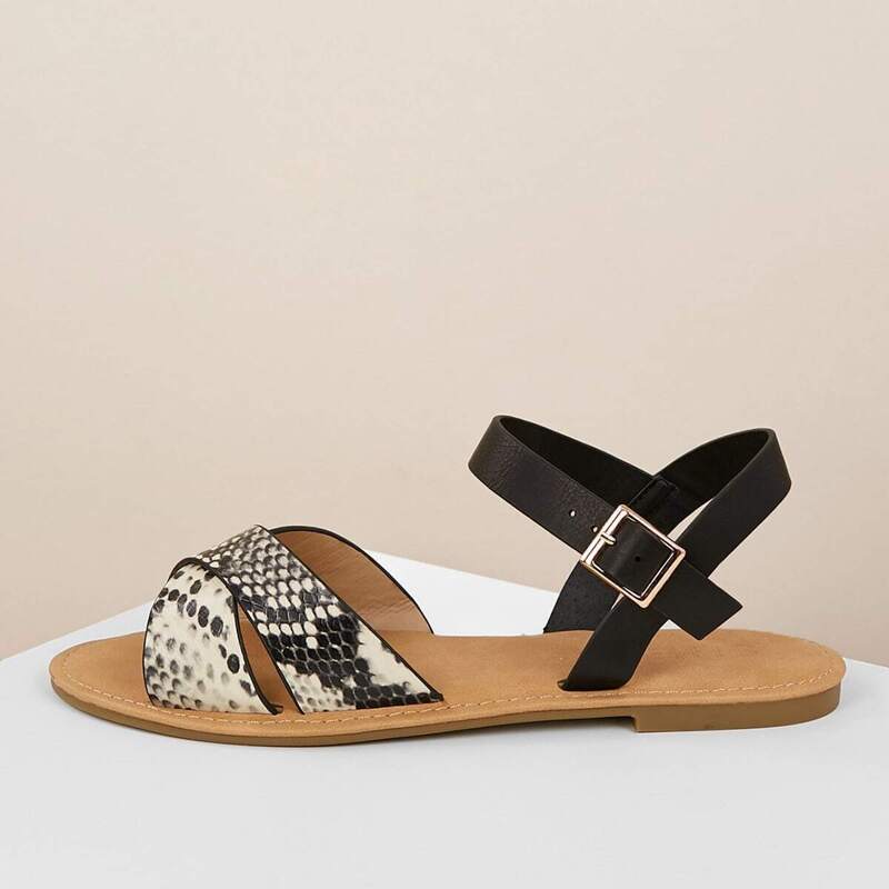 

Snakeskin Cross Band Side Buckle Flat Sandals, Multicolor