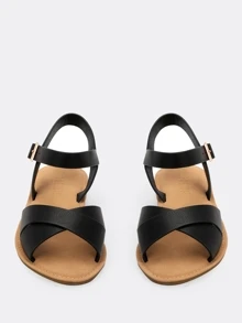 交叉帶搭扣平跟涼鞋 - 黑色 - 查看 3