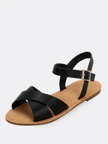 交叉帶搭扣平跟涼鞋 - 黑色 - 查看 2