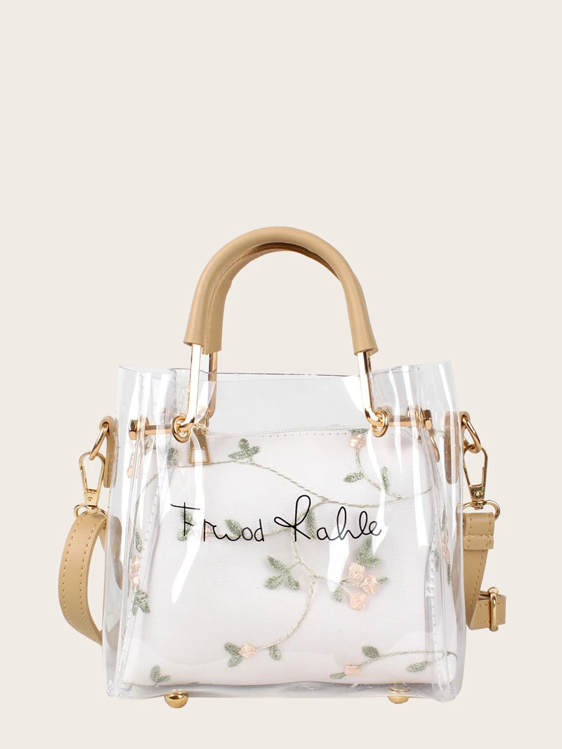 Letter Print Clear Bag With Fl Embroidered Inner Pouch Letter Print Clear Bag With Fl Embroidered Inner Pouch