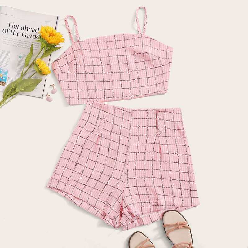 

Plaid Print Cami Top With Shorts, Pink