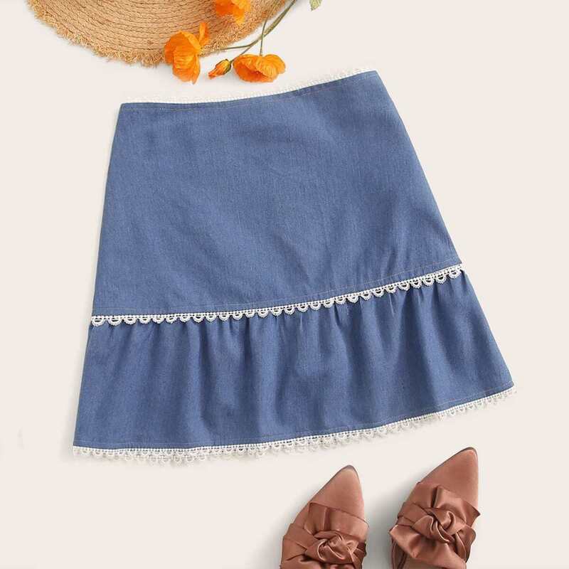 

Contrast Lace Zip Back Denim Skirt, Blue