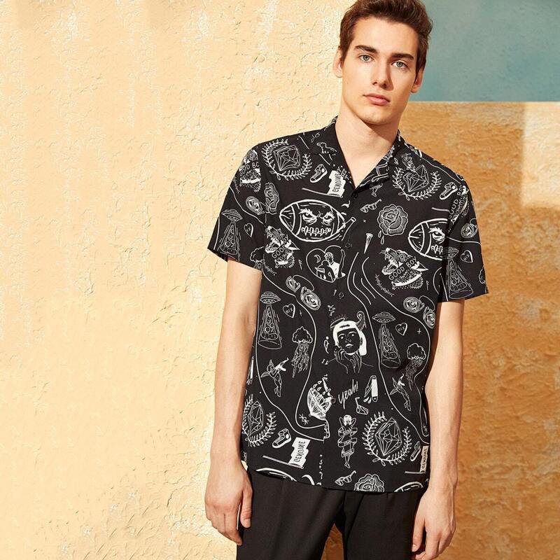 

Guys Revere Collar Graffiti Print Shirt, Black and white