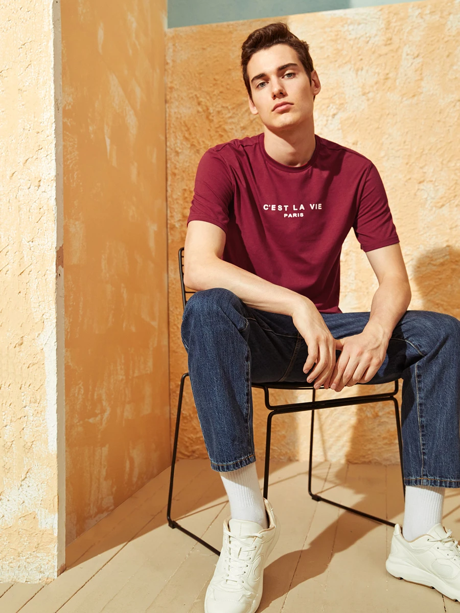 Manfinity RebelGame Men Cotton Slogan Graphic Top - Burgundy - View 1