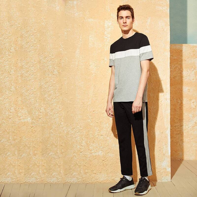 

Guys Cut-and-sew Top & Striped Side Pants Set, Multicolor