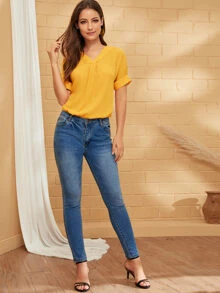 SHEIN Gathered Detail Cuffed Top - Mustard Yellow - View 3