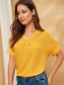 SHEIN Gathered Detail Cuffed Top - Mustard Yellow - View 1