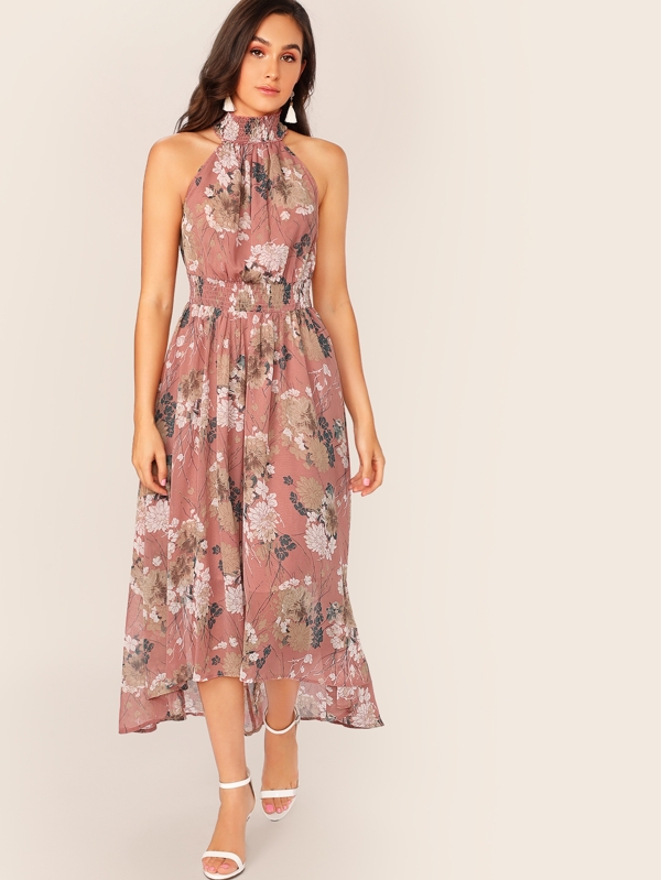 SHEIN Rochie florală cu tiv asimetric cu talie încrețită