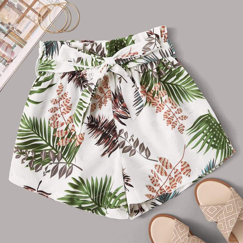

Paperbag Waist Tropical Print Shorts, Multicolor