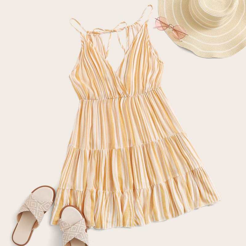 

Plunge Neck Tassel Tie Back Striped Tiered Dress, Yellow
