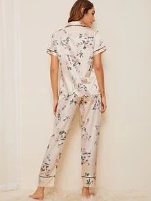 Floral & Leaf Print Satin Pyjama Set - Multicolor - View 2