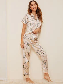 Floral & Leaf Print Satin Pyjama Set - Multicolor - View 4