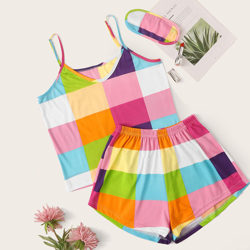 

Plaid Cami Pajama Set With Eye Mask, Multicolor