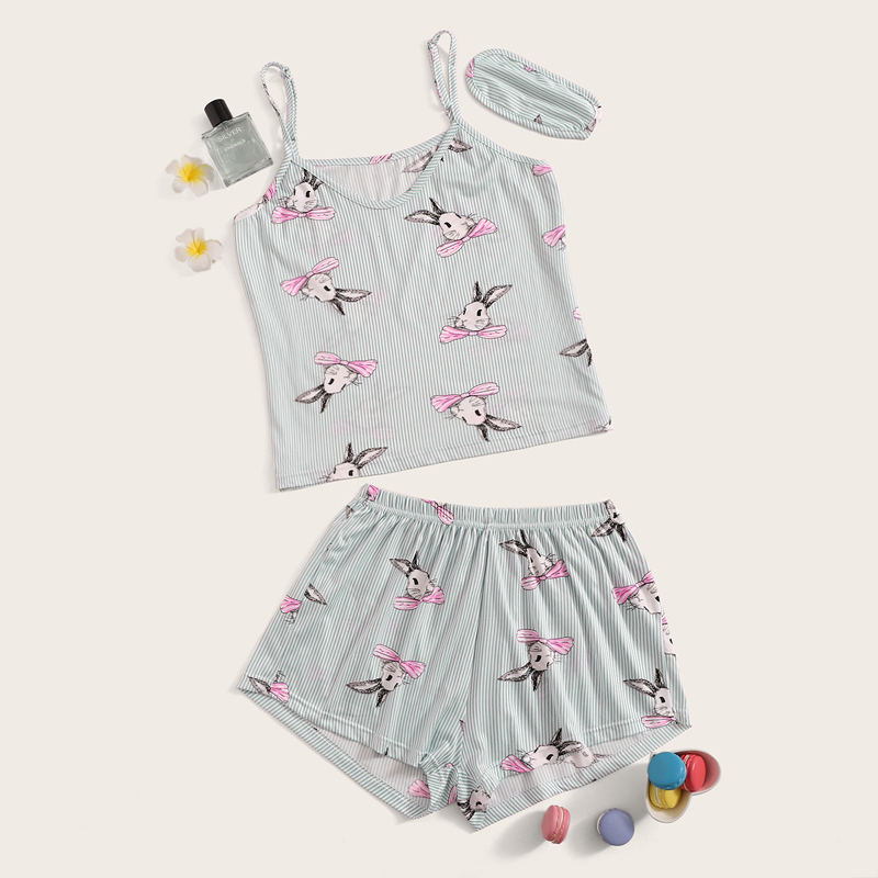 

Rabbit Print Striped Cami PJ Set With Eye Cover, Multicolor