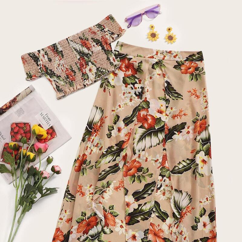 

Floral Print Shirred Off Shoulder Top With Split Skirt, Multicolor